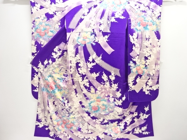 JAPANESE KIMONO / ANTIQUE FURISODE / SILK / NOSHI & FLOWERS & FOLDING FAN